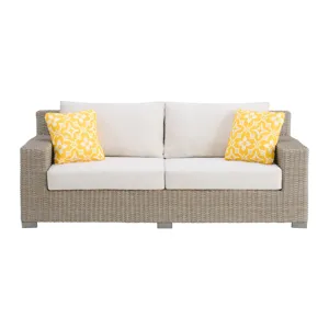 Ollie Sofa - Tan and Olefin White Cream with 2 Yellow Pillows
