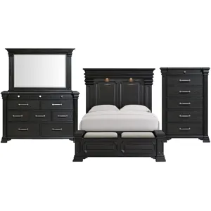 Kings Court Black 4PC Set w/Queen Storage Bed and CH