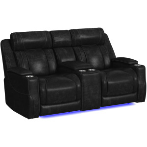 Phantom P3 Loveseat with Blue LED, wireless charger pocket and Console in Leather Gel Black