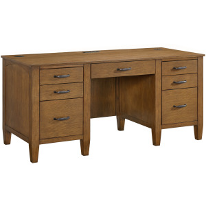 Portico Double Pedestal Desk with Power/USB in Brown Oak