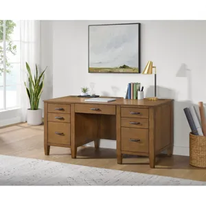Portico Double Pedestal Desk with Power/USB in Brown Oak