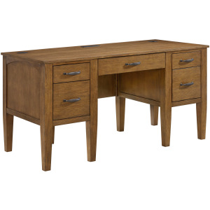 Portico Half Pedestal Desk with Power/USB in Brown Oak