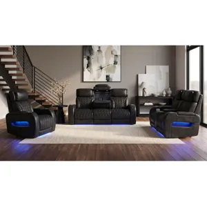 Prime Time P3 Sofa with DDT, 3.0 Table, 7 Colors (LED and Cup Holders), Reading Light, Vibration, Speaker, and Heat Massage in Leather Gel Black