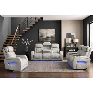 Prime Time P3 Sofa with DDT, 3.0 Table, 7 Colors (LED and Cup Holders), Reading Light, Vibration, speaker, and Heat Massage in Leather Gel Light Grey