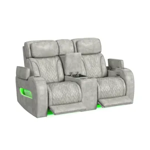 Prime Time P3 Loveseat with Console, 7 Colors LED, Cup Holders and Wireless Charger Controller in Leather Gel Light Grey