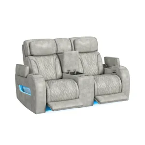 Prime Time P3 Loveseat with Console, 7 Colors LED, Cup Holders and Wireless Charger Controller in Leather Gel Light Grey