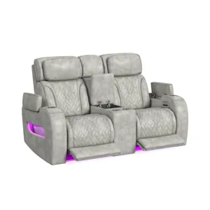 Prime Time P3 Loveseat with Console, 7 Colors LED, Cup Holders and Wireless Charger Controller in Leather Gel Light Grey