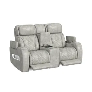 Prime Time P3 Loveseat with Console, 7 Colors LED, Cup Holders and Wireless Charger Controller in Leather Gel Light Grey