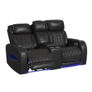 Prime Time P3 Loveseat with LED, wireless charger pocket, and Console in Jett Black with Red Stitchi
