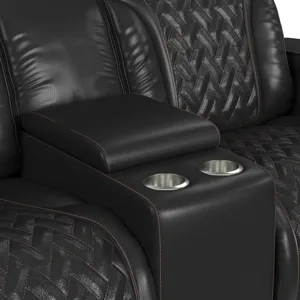 Prime Time P3 Loveseat with LED, wireless charger pocket, and Console in Jett Black with Red Stitchi