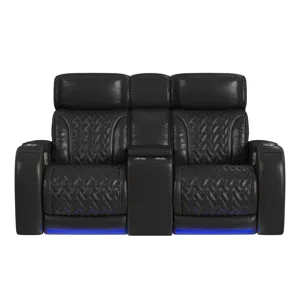 Prime Time P3 Loveseat with LED, wireless charger pocket, and Console in Jett Black with Red Stitchi