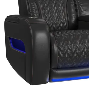 Prime Time P3 Loveseat with LED, wireless charger pocket, and Console in Jett Black with Red Stitchi
