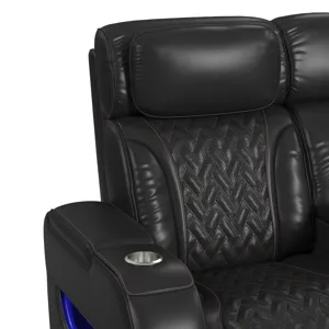 Prime Time P3 Loveseat with LED, wireless charger pocket, and Console in Jett Black with Red Stitchi