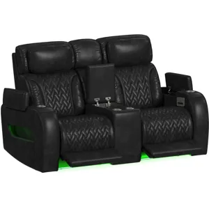 Prime Time P3 Loveseat with Console, 7 Colors LED, Cup Holders and Wireless Charger Controller in Leather Gel Black