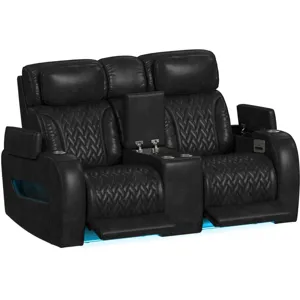 Prime Time P3 Loveseat with Console, 7 Colors LED, Cup Holders and Wireless Charger Controller in Leather Gel Black