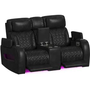 Prime Time P3 Loveseat with Console, 7 Colors LED, Cup Holders and Wireless Charger Controller in Leather Gel Black
