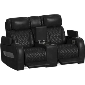 Prime Time P3 Loveseat with Console, 7 Colors LED, Cup Holders and Wireless Charger Controller in Leather Gel Black