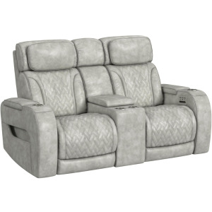 Prime Time P3 Loveseat with LED, wireless charger pocket, and Console in Leather Gel Lite Grey