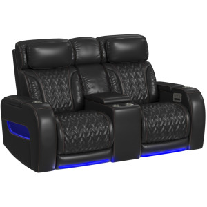 Prime Time P3 Loveseat with LED, wireless charger pocket, and Console in Pebble Black with Red Stitching