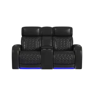 Prime Time P3 Loveseat with LED, wireless charger pocket, and Console in Pebble Black with Red Stitc