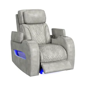 Prime Time P3 Recliner with 7 Colors LED, Cup Holders and Wireless Charger Controller in Leather Gel Light Grey