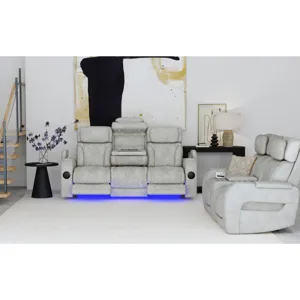 Prime Time P3 Sofa with I Table, reading light, heat, massage, LED, and speaker in Leather Gel Lite 