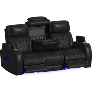 Prime Time P3 Sofa with DDT, 3.0 Table, 7 Colors (LED and Cup Holders), Reading Light, Vibration, Speaker, and Heat Massage in Leather Gel Black