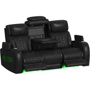Prime Time P3 Sofa with DDT, 3.0 Table, 7 Colors (LED and Cup Holders), Reading Light, Vibration, Speaker, and Heat Massage in Leather Gel Black