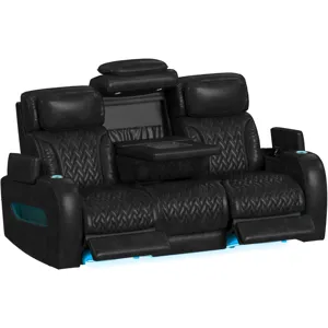 Prime Time P3 Sofa with DDT, 3.0 Table, 7 Colors (LED and Cup Holders), Reading Light, Vibration, Speaker, and Heat Massage in Leather Gel Black