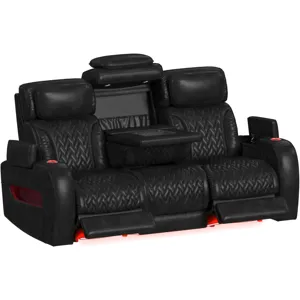 Prime Time P3 Sofa with DDT, 3.0 Table, 7 Colors (LED and Cup Holders), Reading Light, Vibration, Speaker, and Heat Massage in Leather Gel Black