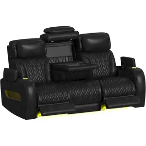 Prime Time P3 Sofa with DDT, 3.0 Table, 7 Colors (LED and Cup Holders), Reading Light, Vibration, Speaker, and Heat Massage in Leather Gel Black