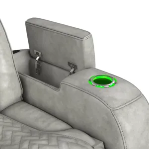 Prime Time P3 Sofa with DDT, 3.0 Table, 7 Colors (LED and Cup Holders), Reading Light, Vibration, speaker, and Heat Massage in Leather Gel Light Grey