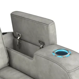 Prime Time P3 Sofa with DDT, 3.0 Table, 7 Colors (LED and Cup Holders), Reading Light, Vibration, speaker, and Heat Massage in Leather Gel Light Grey