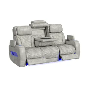 Prime Time P3 Sofa with DDT, 3.0 Table, 7 Colors (LED and Cup Holders), Reading Light, Vibration, speaker, and Heat Massage in Leather Gel Light Grey