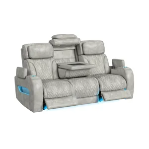 Prime Time P3 Sofa with DDT, 3.0 Table, 7 Colors (LED and Cup Holders), Reading Light, Vibration, speaker, and Heat Massage in Leather Gel Light Grey
