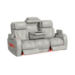 Prime Time P3 Sofa with DDT, 3.0 Table, 7 Colors (LED and Cup Holders), Reading Light, Vibration, speaker, and Heat Massage in Leather Gel Light Grey