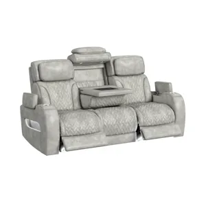 Prime Time P3 Sofa with DDT, 3.0 Table, 7 Colors (LED and Cup Holders), Reading Light, Vibration, speaker, and Heat Massage in Leather Gel Light Grey