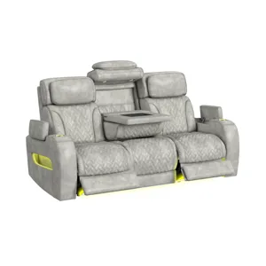 Prime Time P3 Sofa with DDT, 3.0 Table, 7 Colors (LED and Cup Holders), Reading Light, Vibration, speaker, and Heat Massage in Leather Gel Light Grey