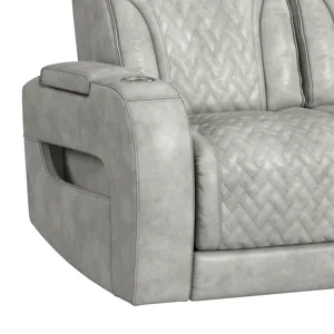 Prime Time P3 Sofa with DDT, 3.0 Table, 7 Colors (LED and Cup Holders), Reading Light, Vibration, speaker, and Heat Massage in Leather Gel Light Grey