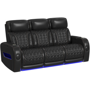 Prime Time P3 Sofa with I Table, reading light, heat, massage, LED, and speaker in Pebble Black with Red Stitching