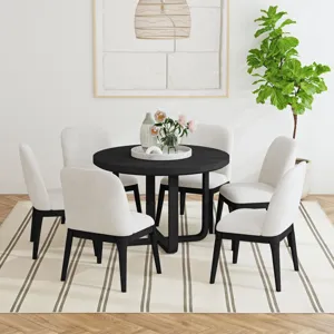 Sylvie Dining Side Chair with White Fabric in Black with Grain