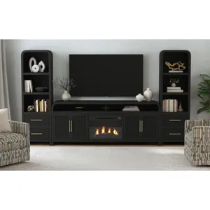 Ridgemont KIT - 82\" TV Console in Black with Grain w/23\" Fireplace Insert (Ships in 2 Boxes)