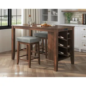 Santa Barbara Kitchen Island & 2 Counter Stools with Dark Grey Fabric in Walnut