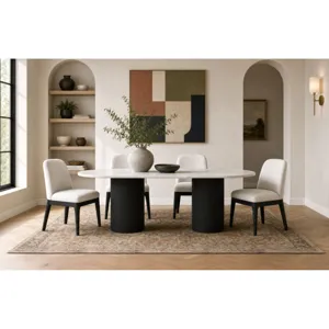 Sylvie Oval Dining Table with White Faux Marble Top in Black with Grain