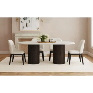 Sylvie Oval Dining Table with White Faux Marble Top in Dark Brown