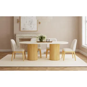 Sylvie Oval Dining Table with White Faux Marble Top in Natural