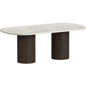 Sylvie Oval Dining Table with White Faux Marble Top in Dark Brown