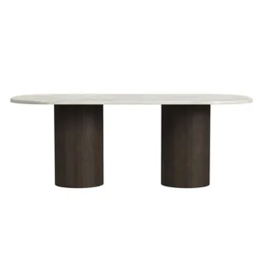Sylvie Oval Dining Table with White Faux Marble Top in Dark Brown