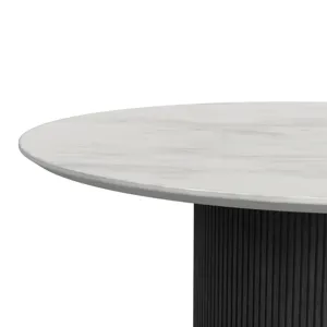 Sylvie Round Dining Table with White Faux Marble Top in Black with Grain