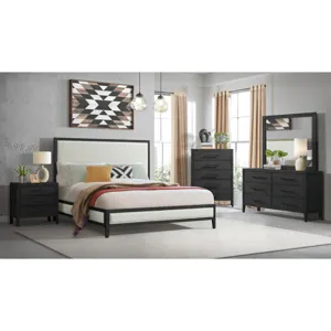 Versailles Contemporary Queen White Fabric Panel Bed with Low Footboard in Black